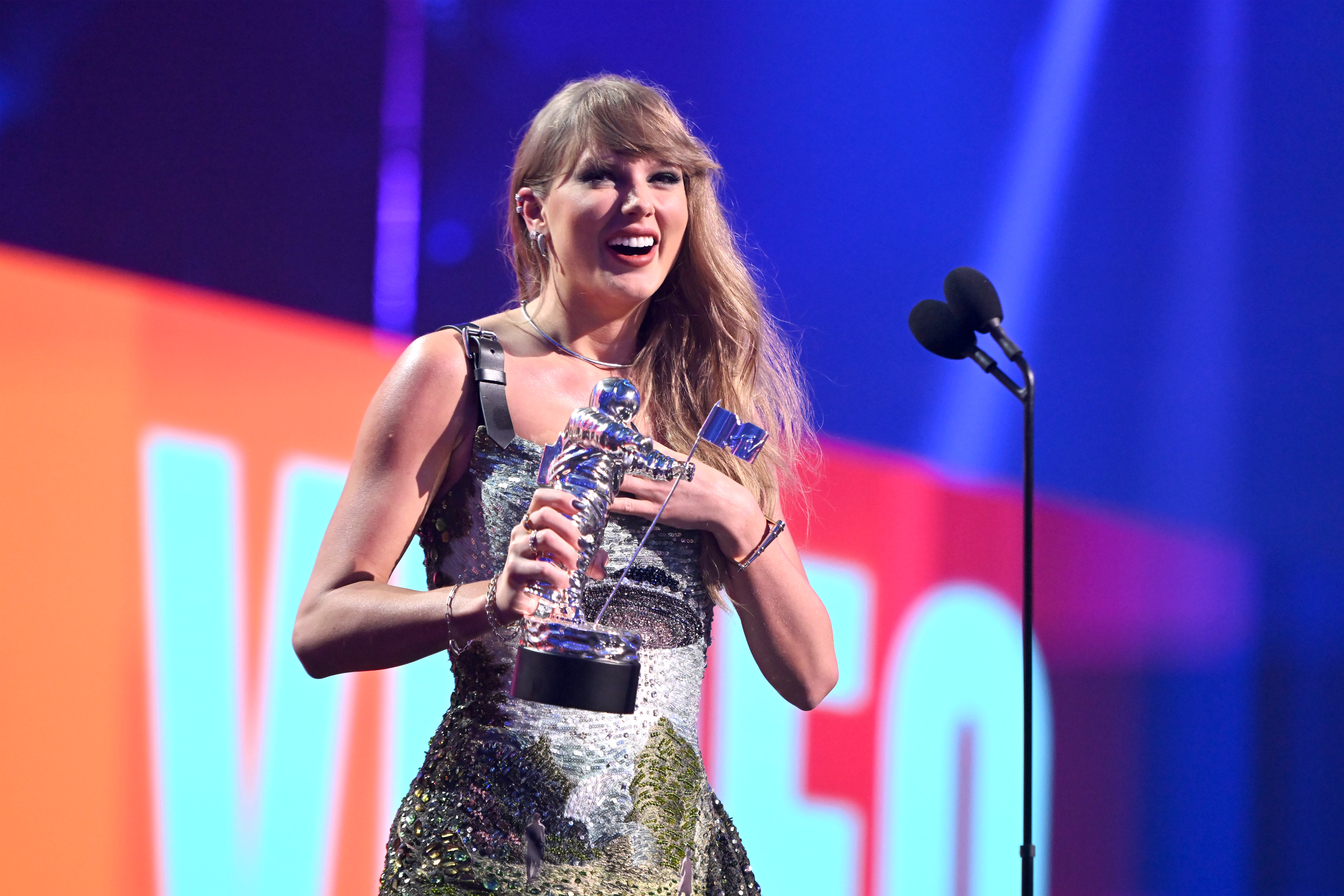 Taylor Swift accepting the Video of the Year award during the 2024 MTV Video Music Awards on September 11 in Elmont, New York. | Source: Getty Images