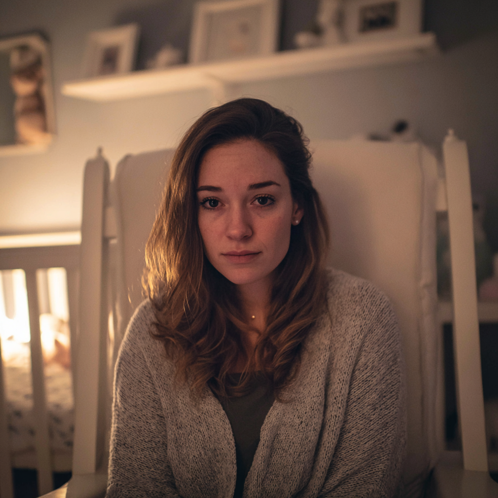 A pensive woman sitting in a nursery | Source: Midjourney