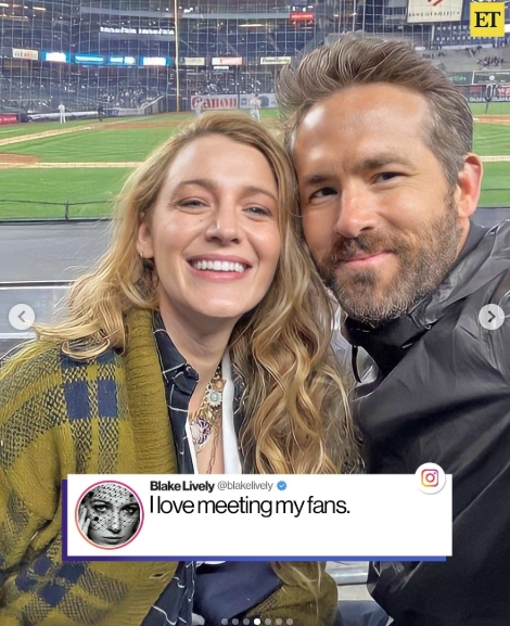 In a post dated January 1, 2024, Blake Lively jokingly referred to Ryan Reynolds as one of her fans after the couple attended a New York Yankees game together. | Source: Instagram/entertainmenttonight