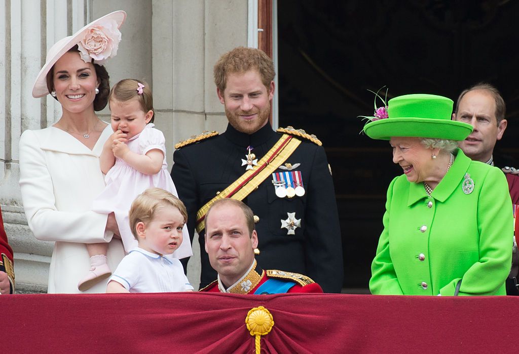 Catherine Middleton, Princess Charlotte, Prince George, Prince William, Prince Harry and Queen Elizabeth II all at the balcony of Buckingham Palace during the Trooping the Colour, at The Mall on June 11, 2016 in London, England. | Source: Getty Images