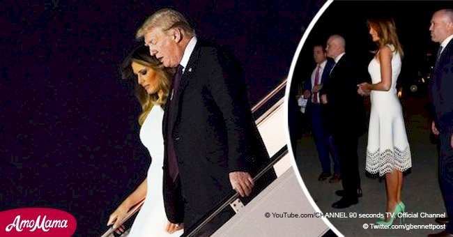 Melania Trump turns heads in an off-white sleeveless dress alongside her husband and son