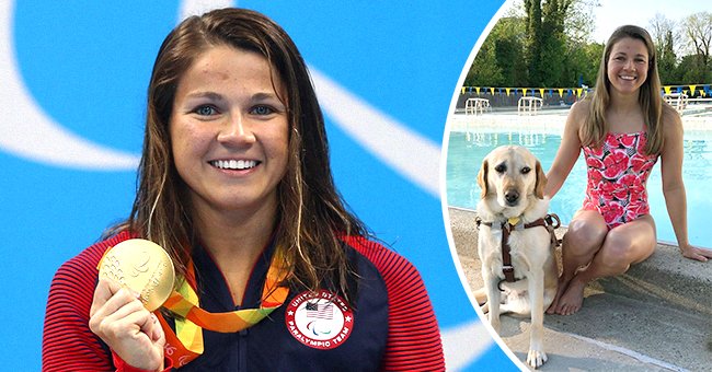 Paralympic athlete Becca Meyers posing with one of her gold medals and with her guide dog Birdie | Photo: Getty Images + Instagram.com/beccameyers20