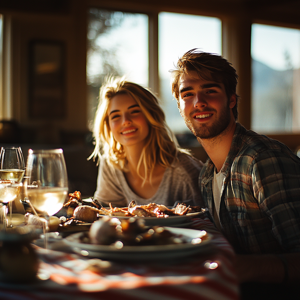 A couple having Thanksgiving dinner | Source: Midjourney