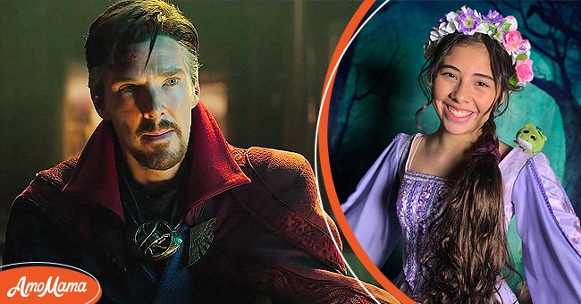 Benedict Cumberbatch as Doctor Strange in "Doctor Strange 2: In The Multiverse of Madness" trailer 2022 [Left] Xochitl Gomez dressed as Rapunzel on her Instagram, 2021 [Right] | Photo: YouTube/KinoCheck.com & Instagram/_xochitl.gomez 