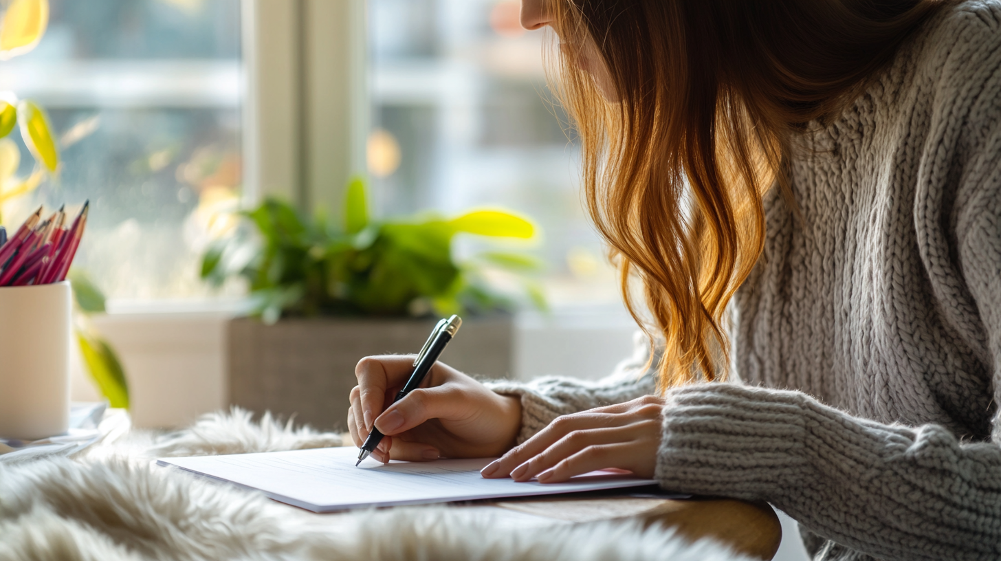 A woman writing a letter | Source: Midjourney