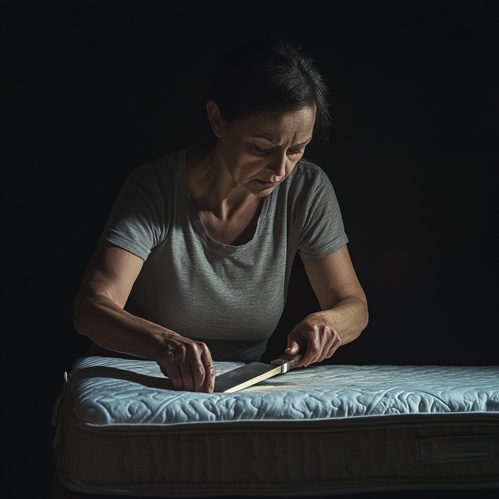 A woman cutting open a mattress | Source: Midjourney