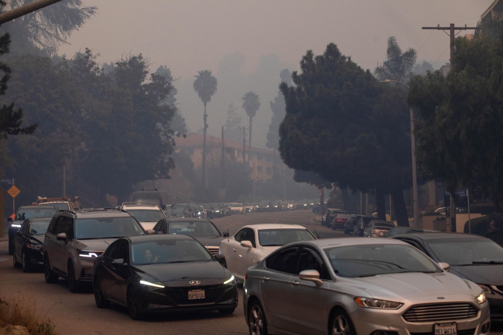 Locals driving on Sunset Boulevard as they evacuate from the Palisades fire on January 7, 2025, in the Pacific Palisades neighborhood of Los Angeles, California. | Source: Getty Images