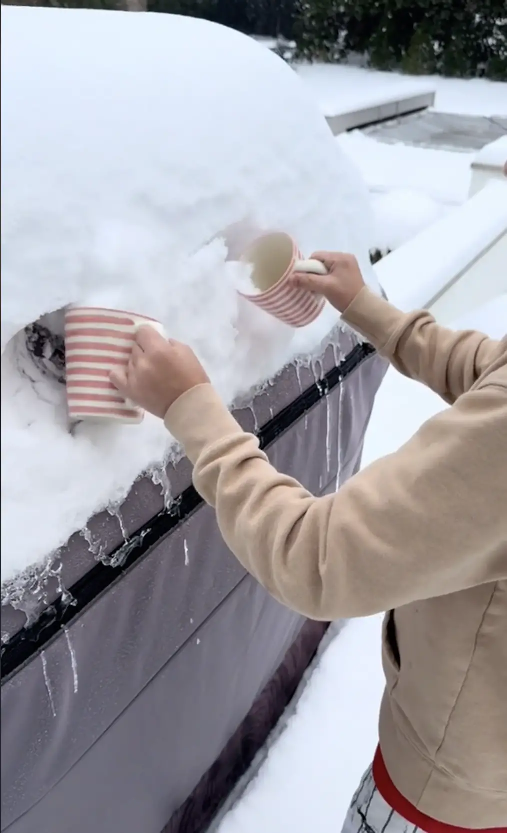 Reese Witherspoon scooping the snow off her car, as seen in a video dated January 19, 2024 | Source: tiktok.com/@reesewitherspoon