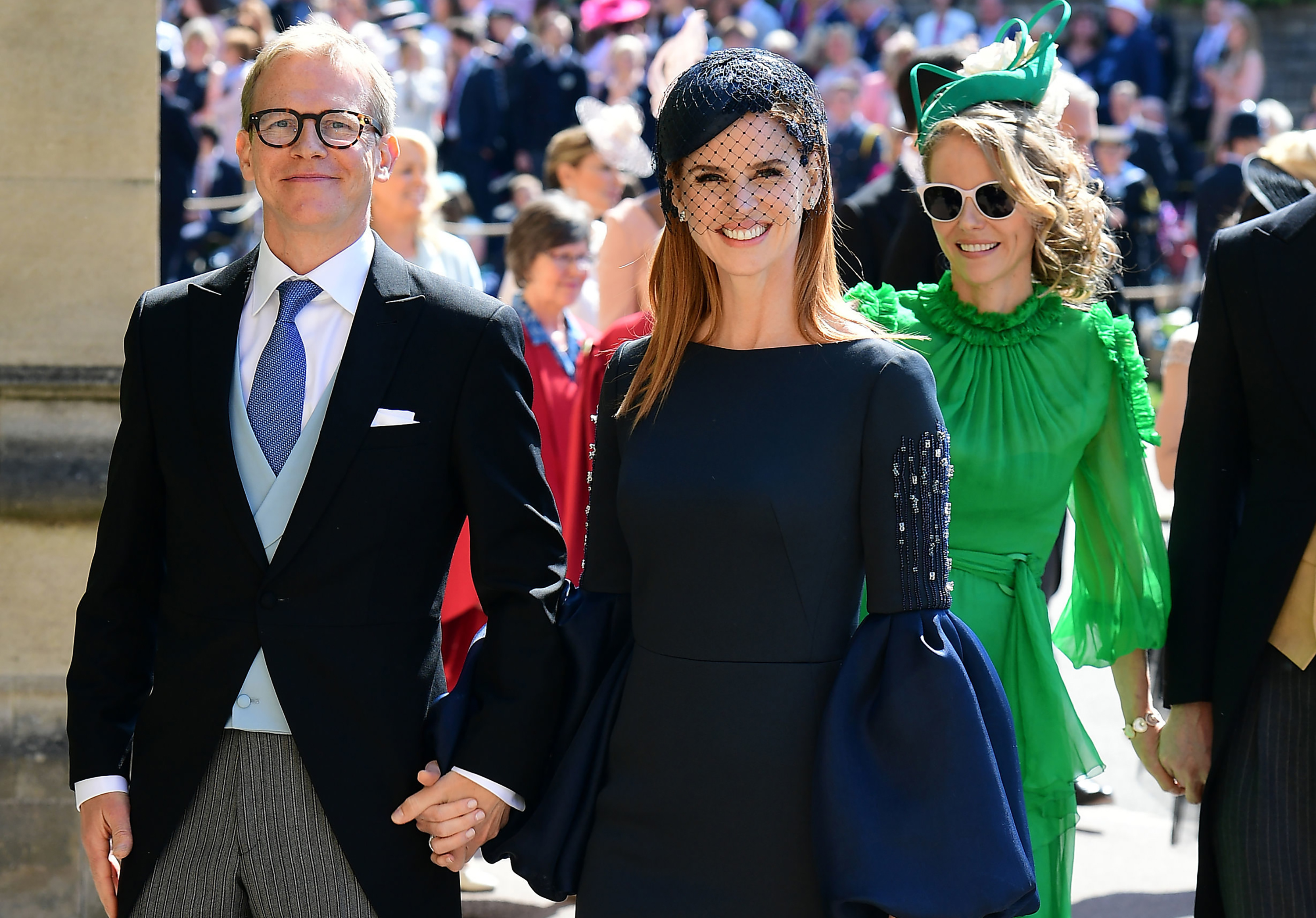 Sarah Rafferty and her husband Santtu Seppälä arrive for the wedding ceremony of Prince Harry and Meghan Markle at St George's Chapel, Windsor Castle, in Windsor, on May 19, 2018. | Source: Getty Images