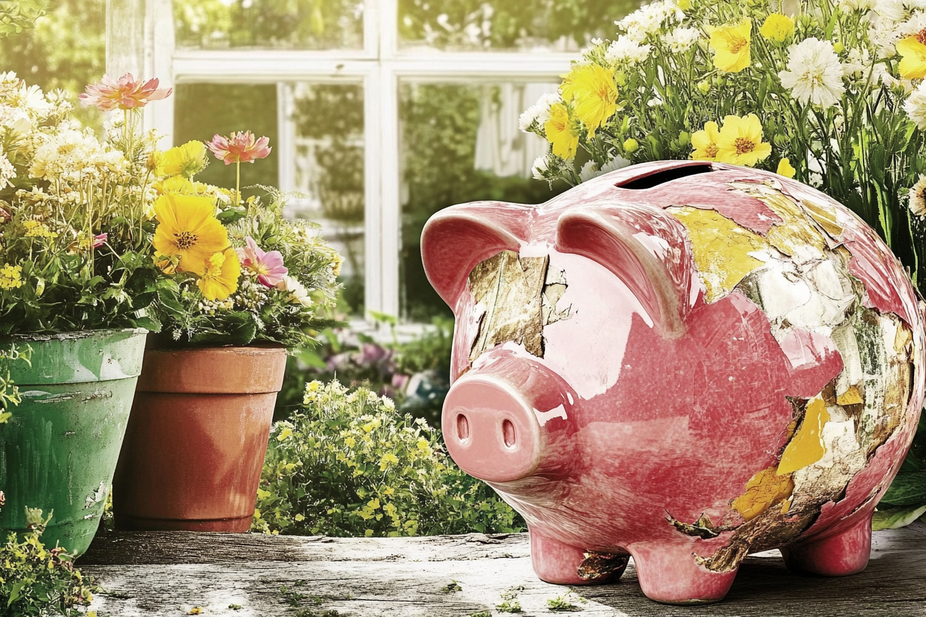 A patched piggy bank being used as garden décor | Source: Midjourney