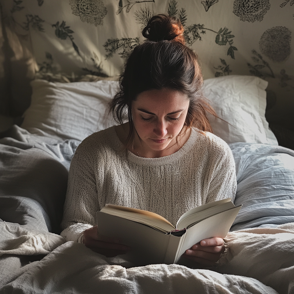 A woman sitting in bed and reading a book | Source: Midjourney