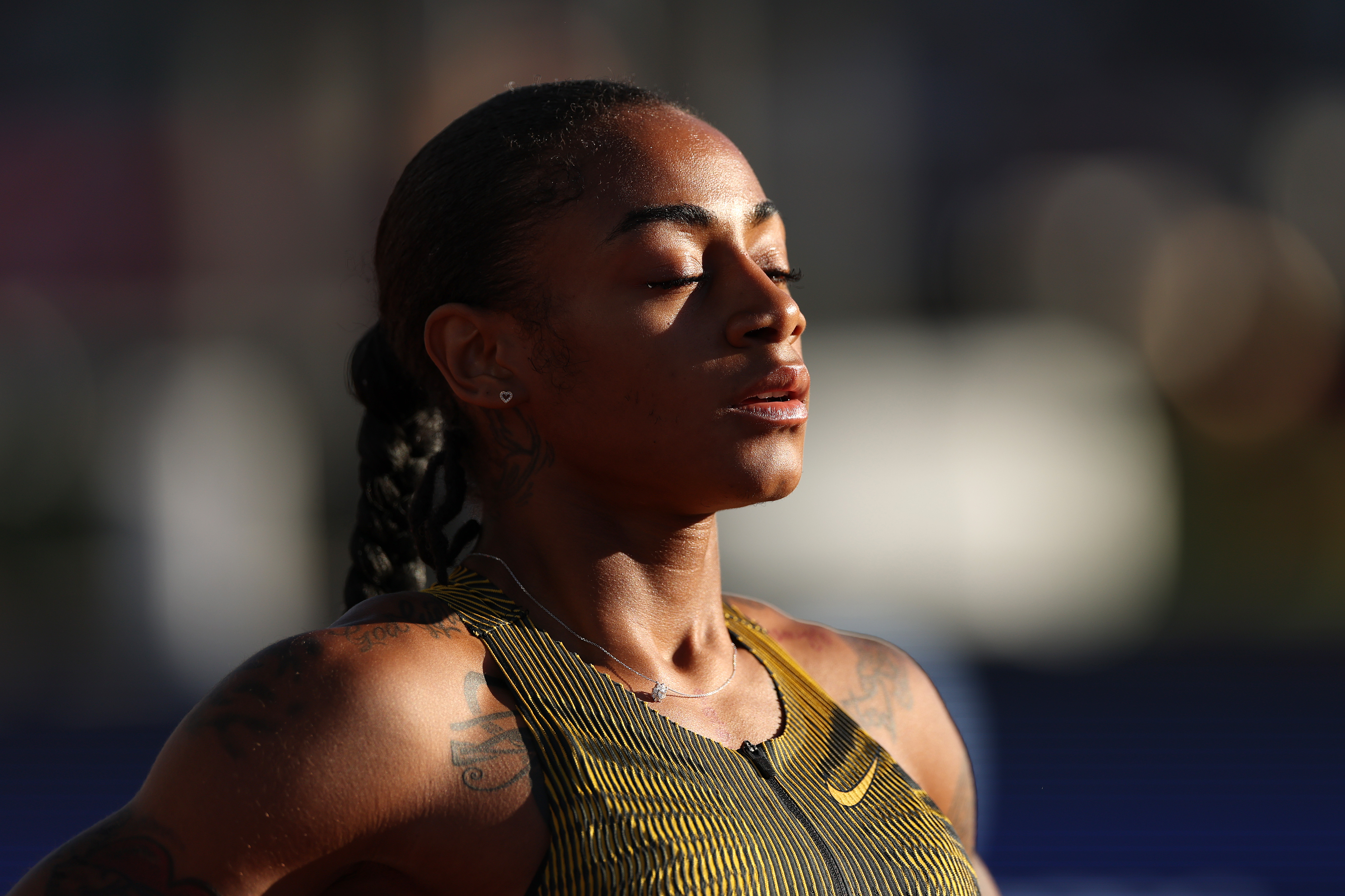 ShaCarri Richardson after competing in the womens 200-meter Semifinal on day eight of the 2024 U.S. Olympic Team Track and Field Trials on June 28 in Eugene, Oregon. | Source: Getty Images