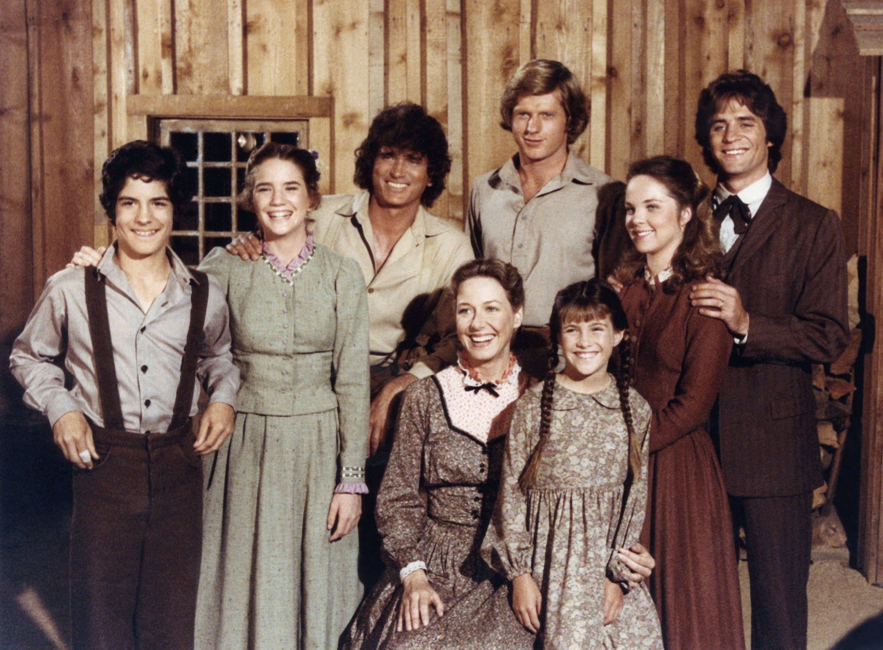 Pictured: (Top L-R) Actors Matthew Laborteaux as Albert Quinn Ingalls, Melissa Gilbert as Laura Elizabeth Ingalls Wilder, Michael Landon as Charles Philip Ingalls, Dean Butler as Almanzo James Wilder, Melissa Sue Anderson as Mary Ingalls Kendall, Linwood Boomer as Adam Kendall, (Bottom L-R) Karen Grassle as Caroline Quiner Holbrook Ingalls, Lindsay/Sidney Greenbush as Carrie Ingalls on "Little House on the Prairie." | Source: Getty Images