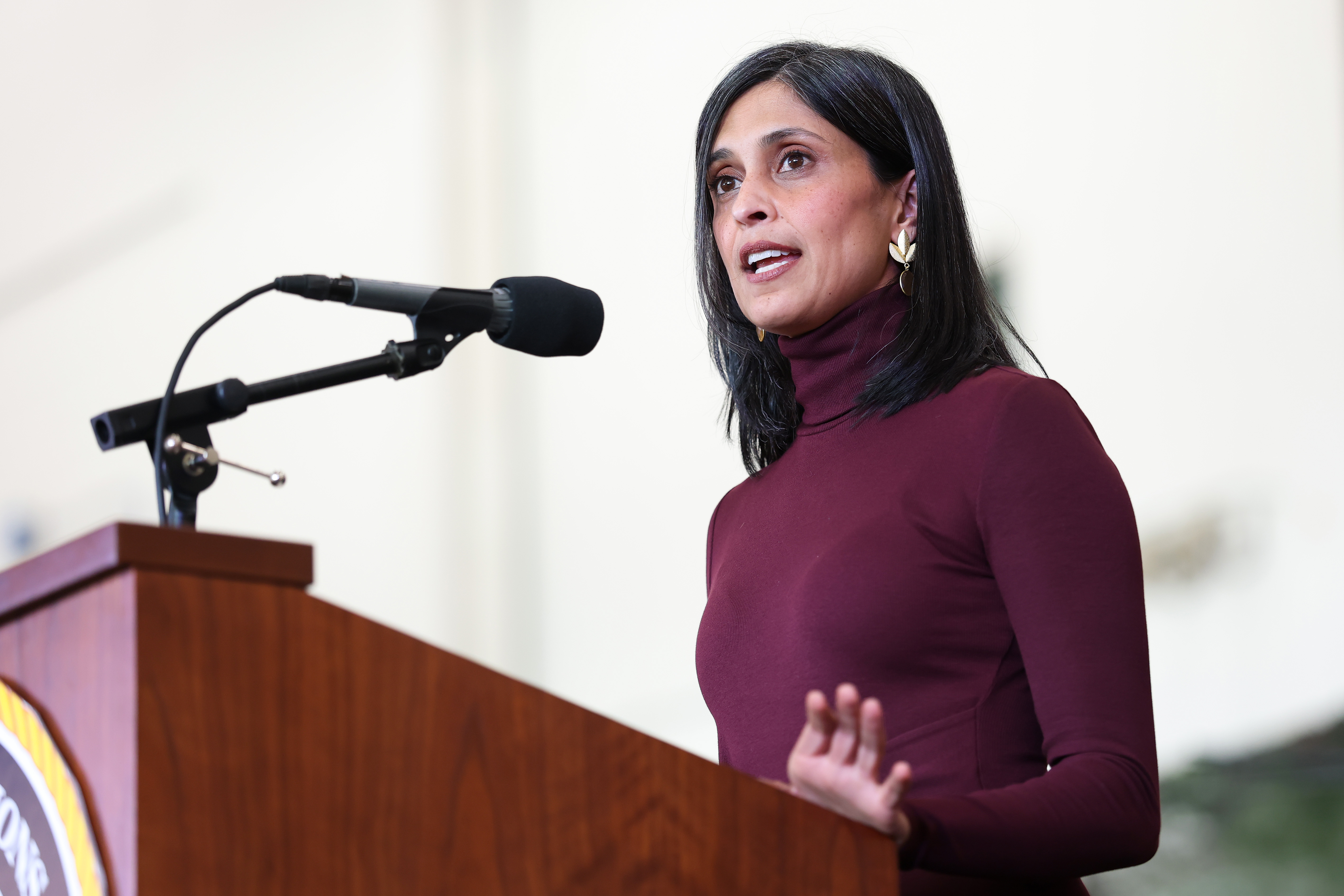 Usha Vance makes a speech during a visit to Camp Lejeune and MCAS New River, in Richlands, North Carolina, on November 19, 2025 | Source: Getty Images