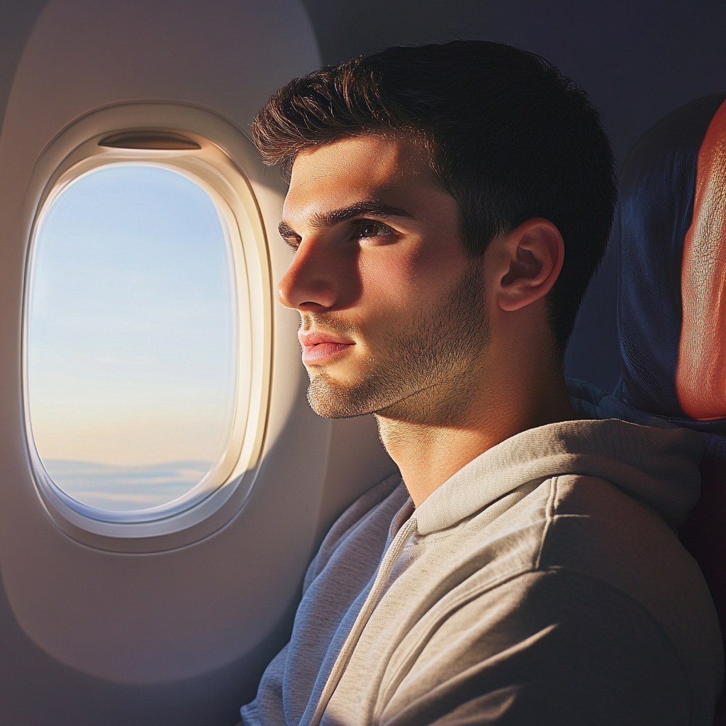 Um homem sentado em um avião | Fonte: Midjourney