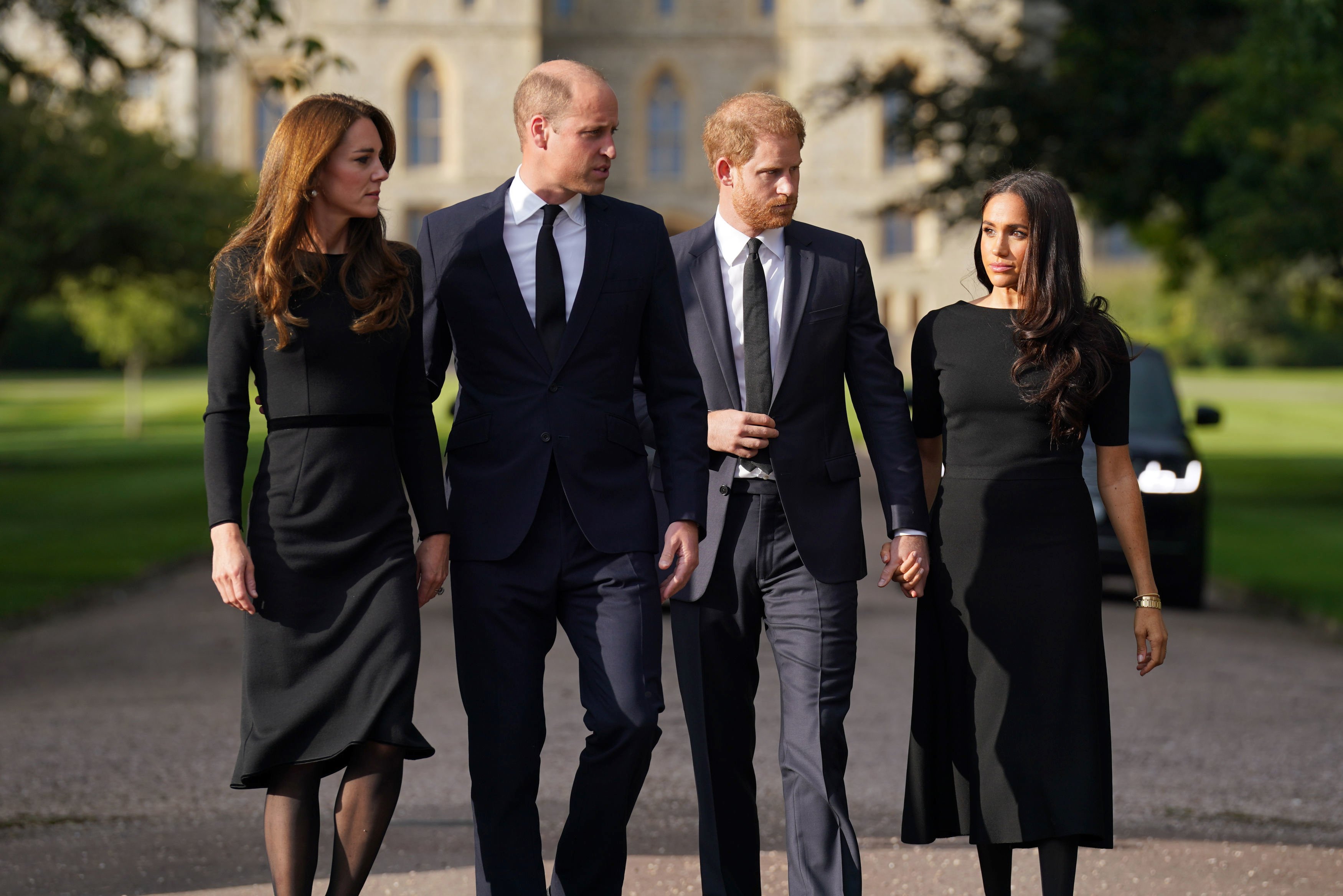 Princess Kate, Prince William, Prince Harry, and Duchess Meghan on the Long Walk at Windsor Castle on September 10, 2022, in Windsor, England | Source: Getty Images