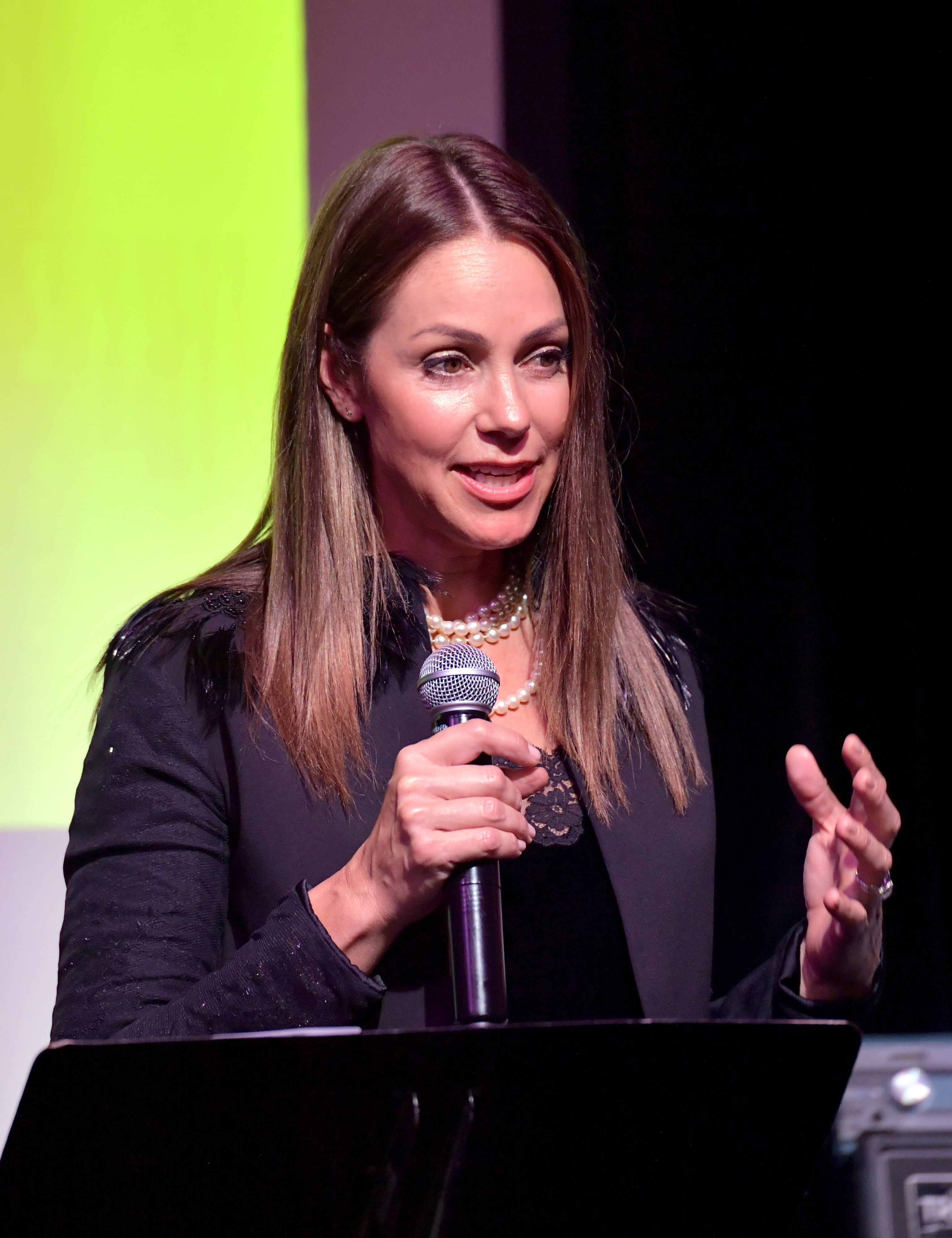 Christine Baumgartner speaks onstage at Vibrato Grill Jazz on April 05, 2022, in Los Angeles, California. | Source: Getty Images