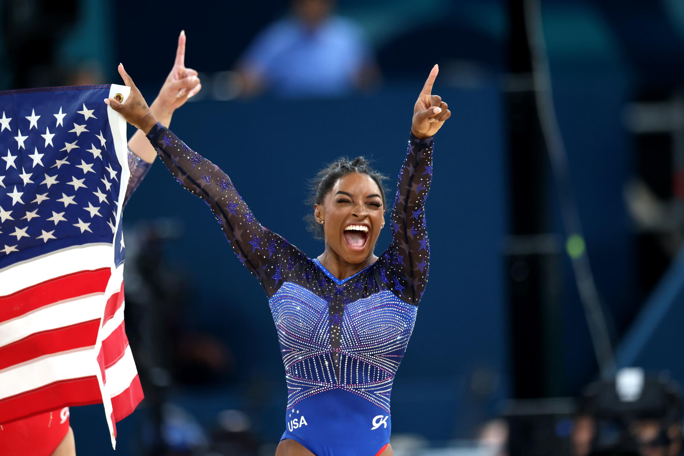 Simone Biles celebrates after competing in the Artistic Gymnastics Women's All-Around Final at the Olympic Games Paris 2024 in Paris, France, on August 1, 2024. | Source: Getty Images