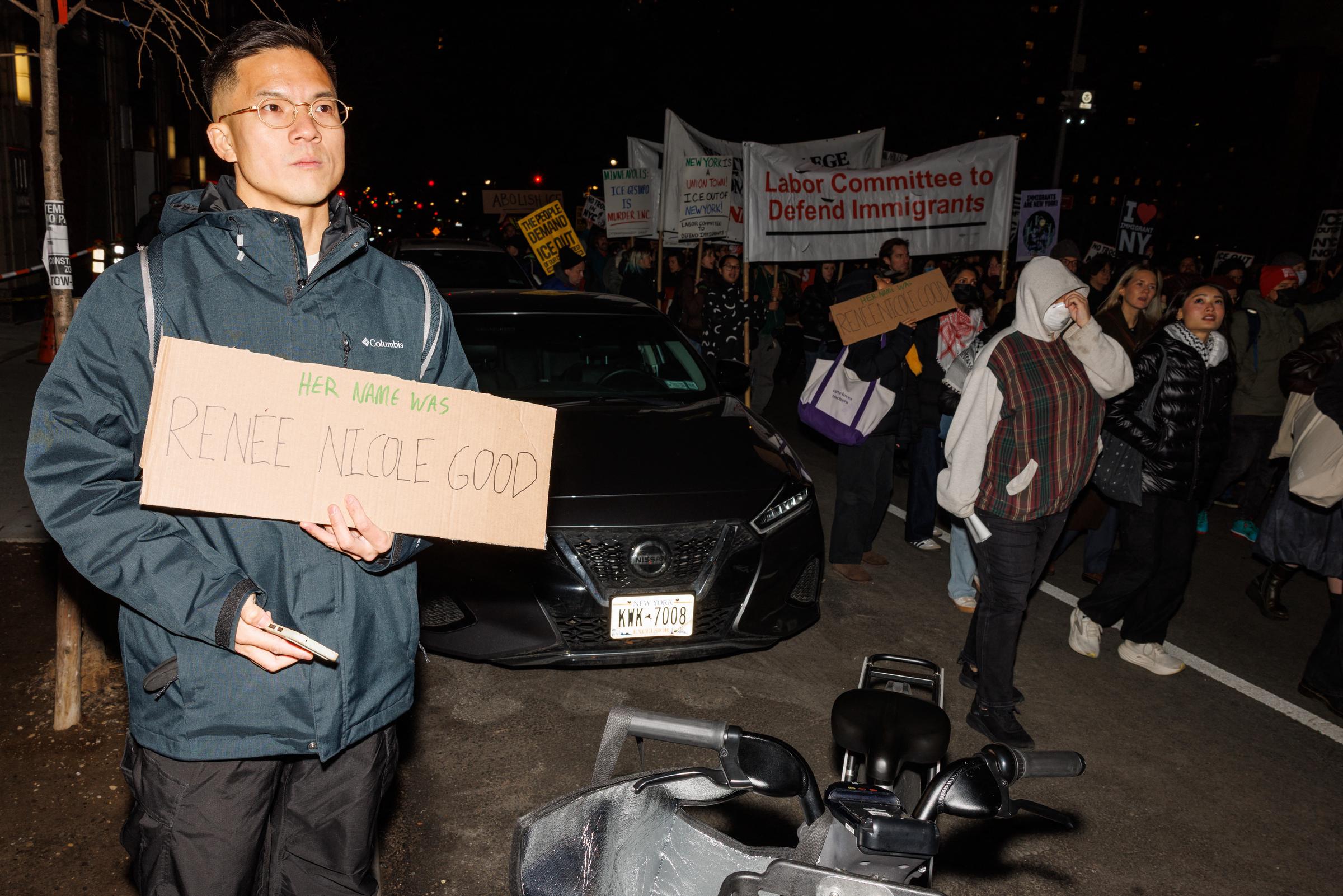 A man holds a sign bearing the name Renee Nicole Good as people march in protest against Immigration and Customs Enforcement (ICE), in New York City, on January 7, 2026. | Source: Getty Images