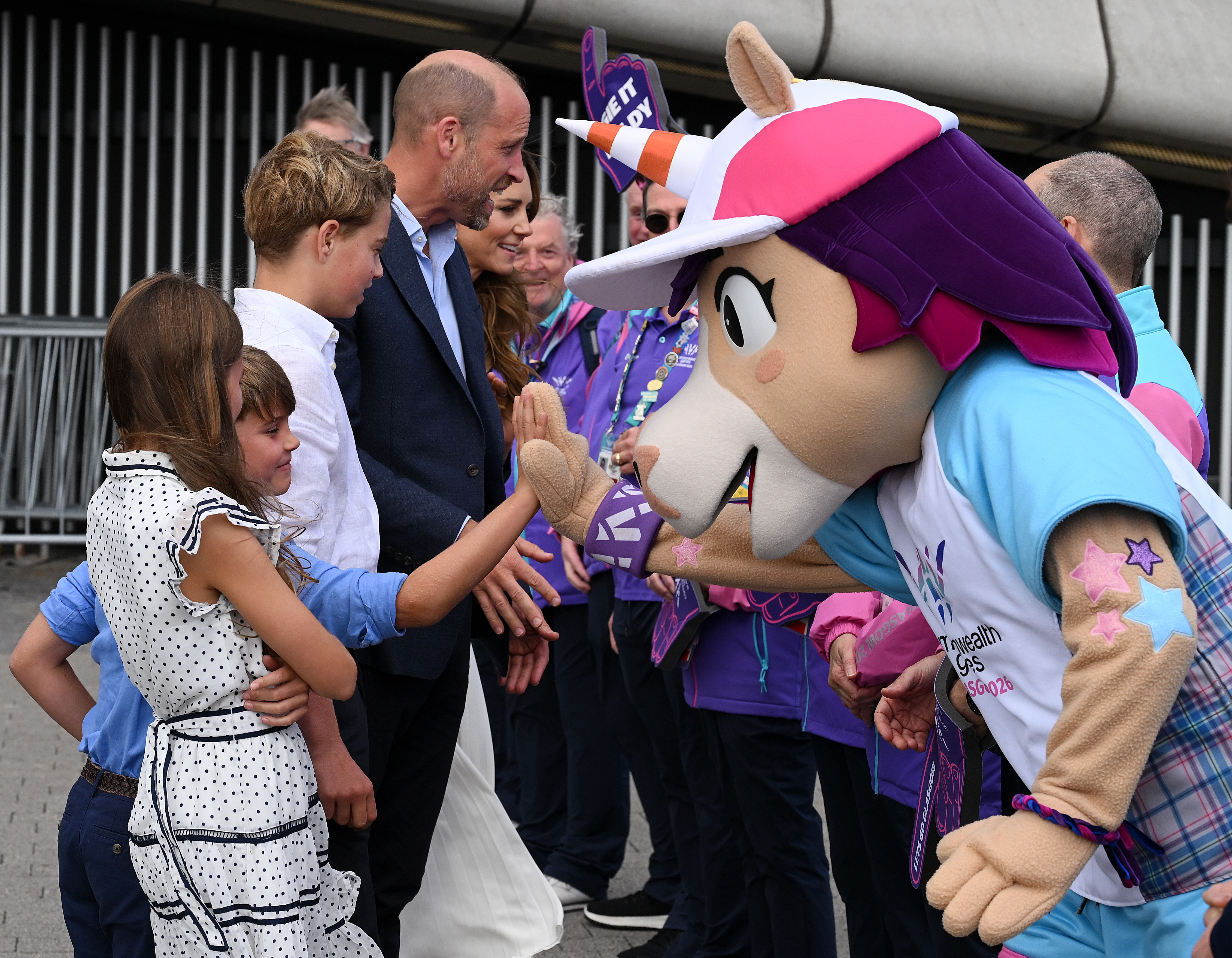 The Prince and Princess of Wales, William and Catherine, and their children Prince George, Princess Charlotte and Prince Louis, meet volunteers and athletes during the Glasgow 2026 Commonwealth Games at The SEC Centre on August 1 in Glasgow, Scotland. | Source: Getty Images
