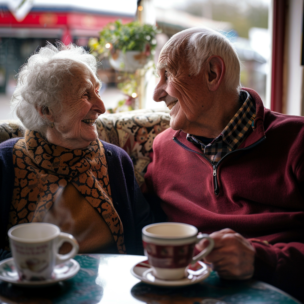 An elderly couple having coffee together in a nursing home café | Source: Midjourney