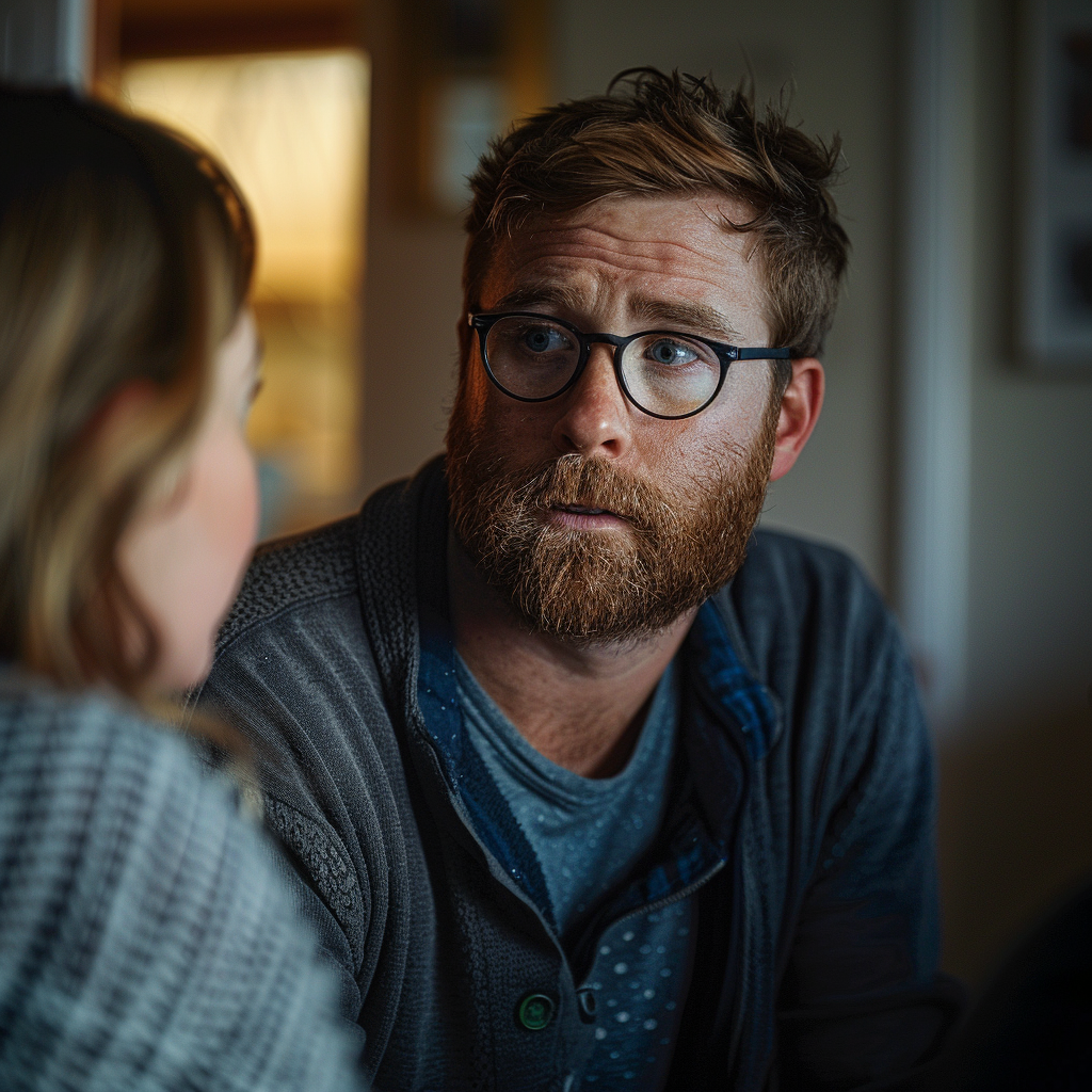 A man talking to a woman in the living room | Source: Midjourney