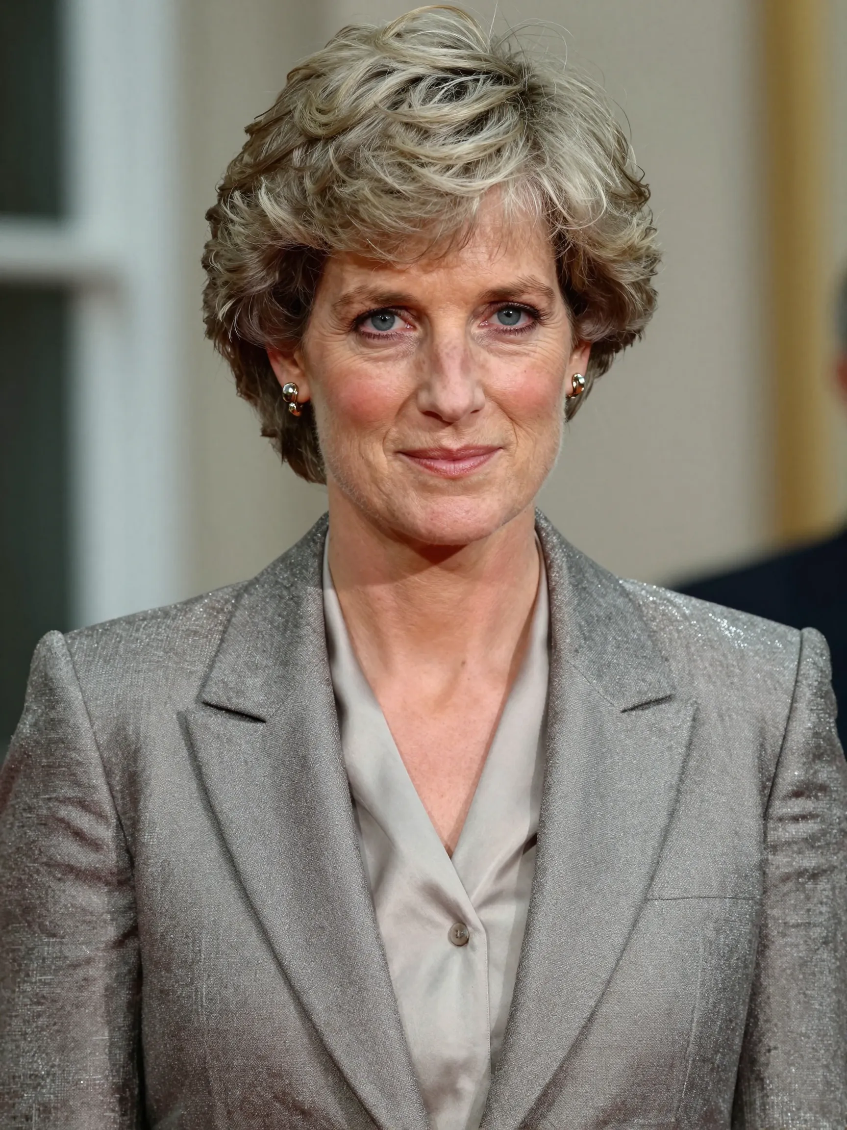 With a poised expression and gently weathered grace, this simulation presents Princess Diana in her 60s, standing against a blurred backdrop that draws all focus to her steady gaze. Her short, layered hair and classic grey ensemble evoke a woman whose elegance would have only deepened with age. | Source: Grok