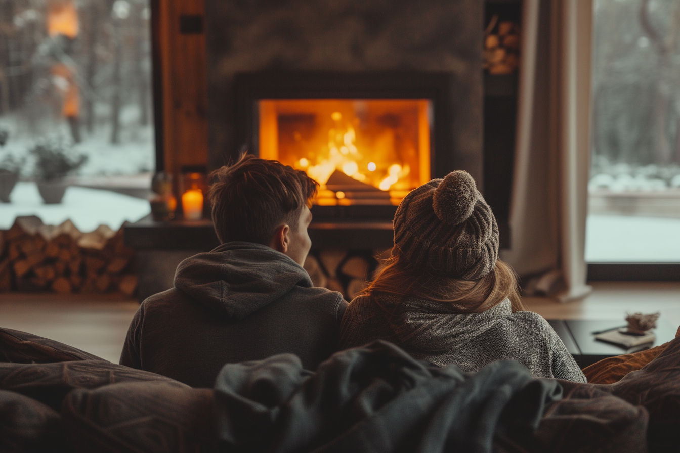 A back-view of a couple talking while sitting by the fireplace at home  | Source: Midjourney