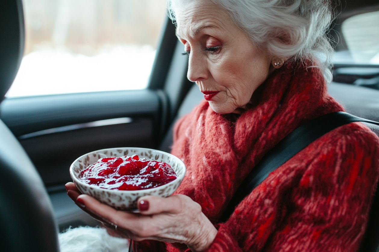 A woman staring at her cranberry sauce | Source: Midjourney