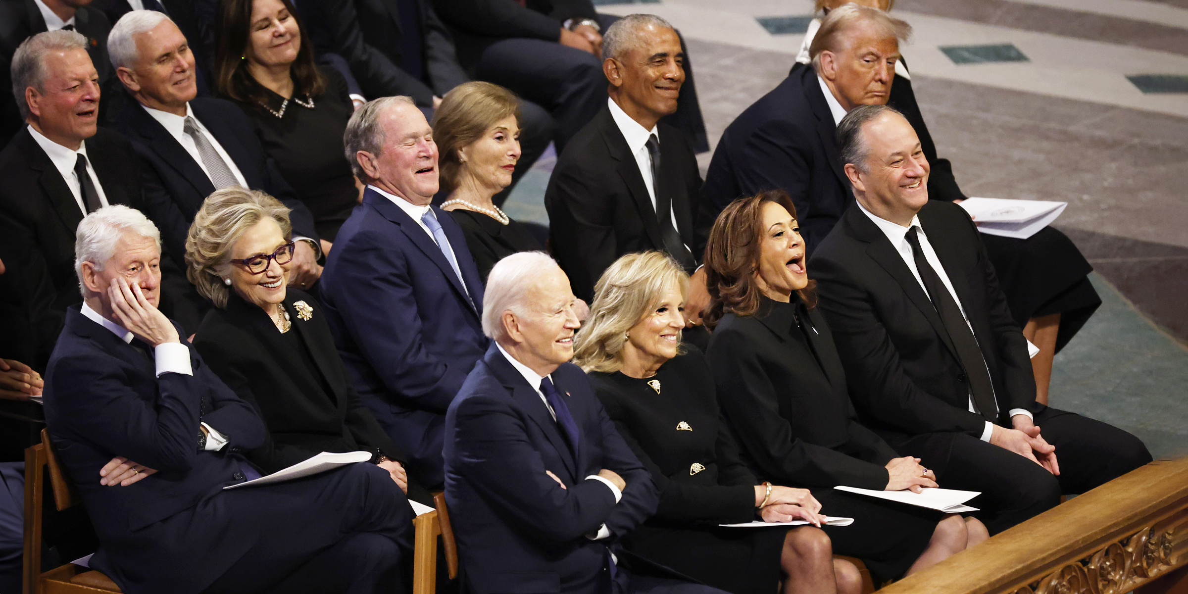 Al Gore, Mike Pence, Karen Pence, Bill Clinton, Hillary Clinton, George W. Bush, Laura Bush, Barack Obama, Donald Trump, Melania Trump, Joe Biden, Jill Biden, Kamala Harris, and Doug Emhoff | Source: Getty Images