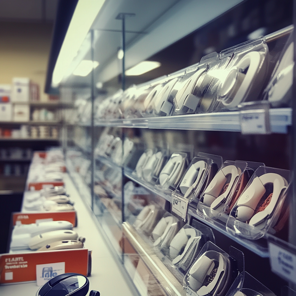 A row of hearing aids at a pharmacy | Source: Midjourney