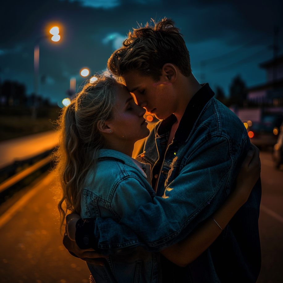 A loving couple hugging on the road at night | Source: Midjourney