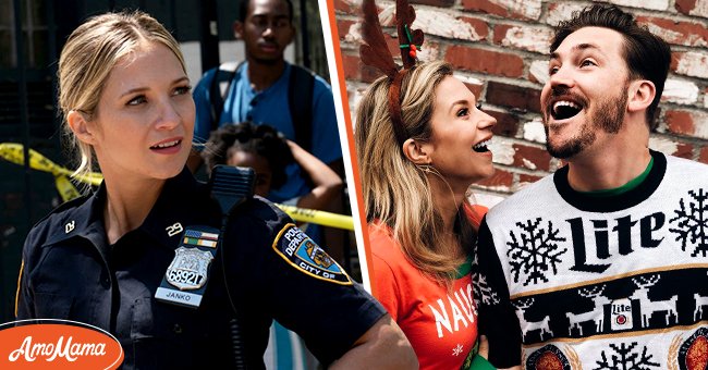Picture of Vanessa Ray on the set of TV show, "Blue Bloods" [left]. Picture of Vanessa Ray and her husband, Landon Beard [right] | Photo: instagram.com/vrayskull  || Getty images