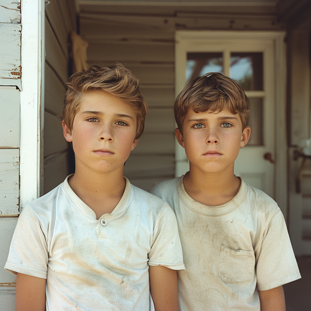 Two serious-looking boys posing outside their home | Source: Midjourney