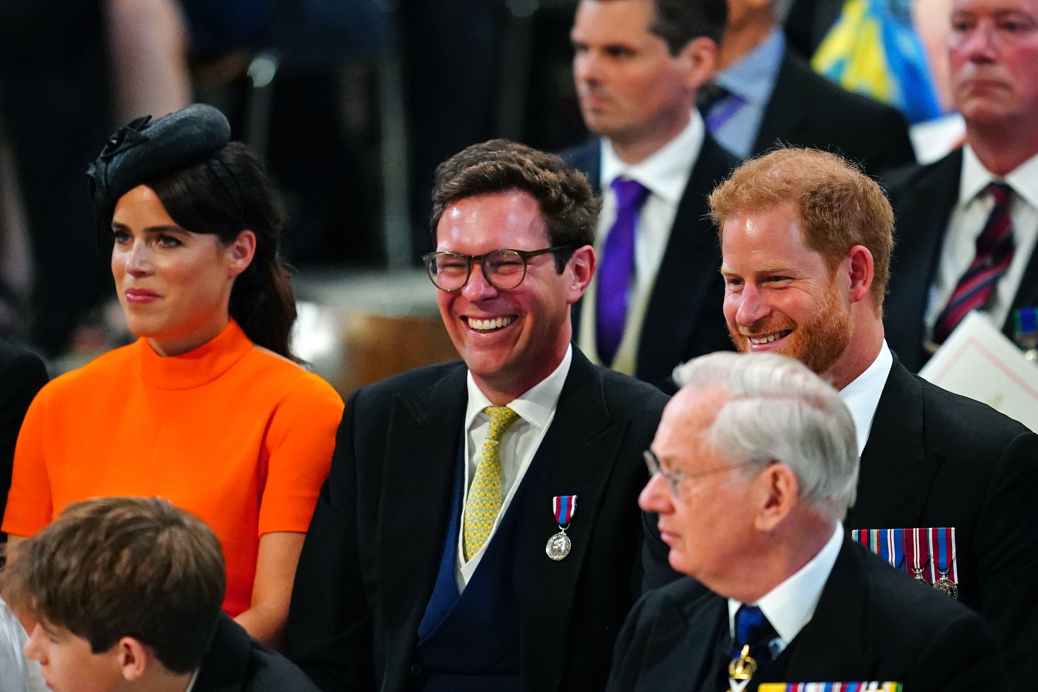 Princess Eugenie, Jack Brooksbank, and Prince Harry attend the National Service of Thanksgiving to Celebrate the Platinum Jubilee of the Queen at St Paul's Cathedral on June 3, 2022, in London, England. | Source: Getty Images