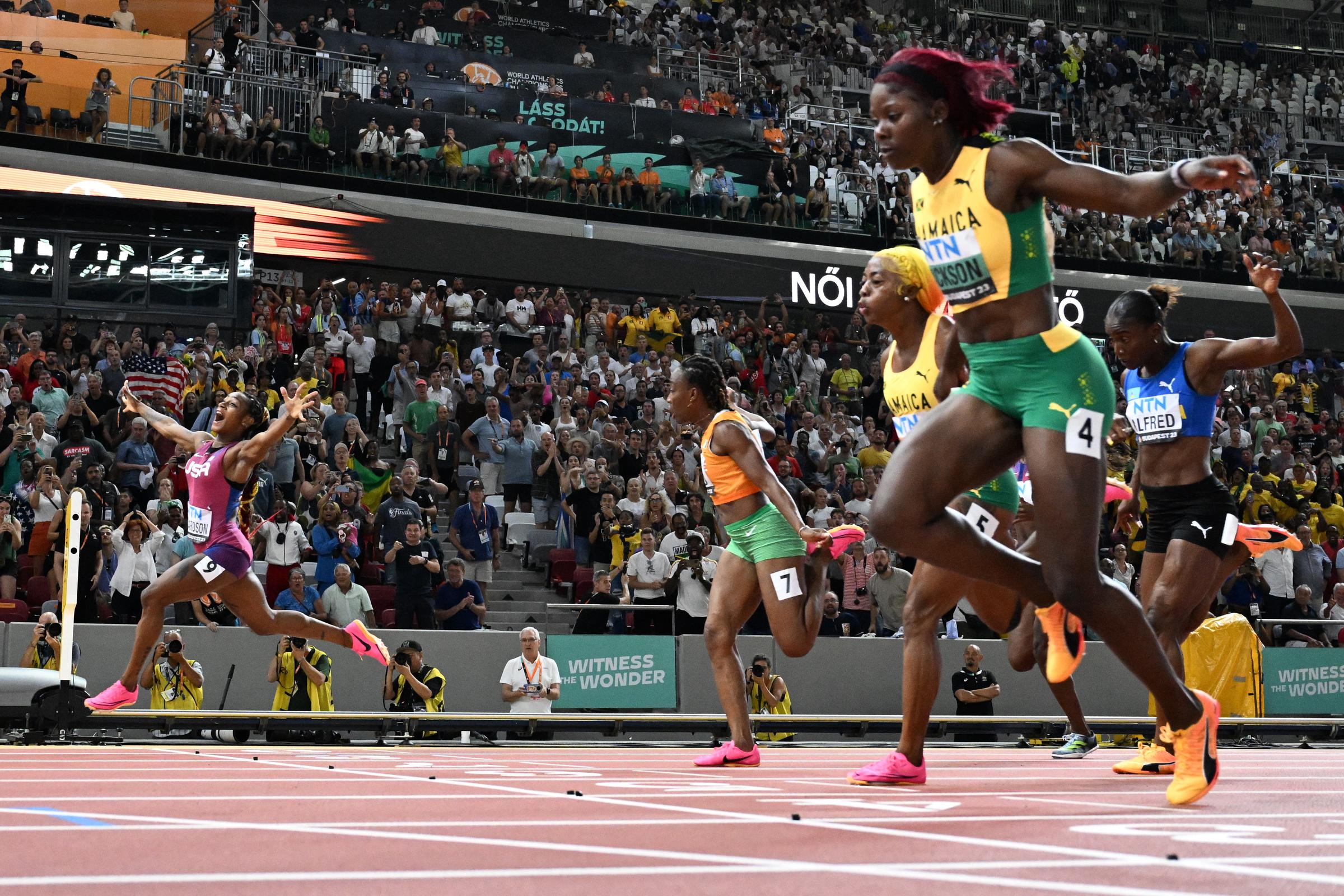 ShaCarri Richardson celebrating winning the Womens 100-meter Semifinal during the World Athletics Championships on August 21, 2023, in Budapest, Hungary. | Source: Getty Images