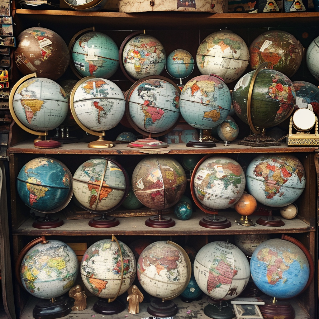 Antique globes on a shelf | Source: Midjourney