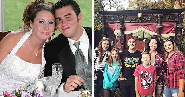 Jenn and her husband Kyle on their wedding day and then years later with their four children | Photo: Facebook/jennifer.henricksen 