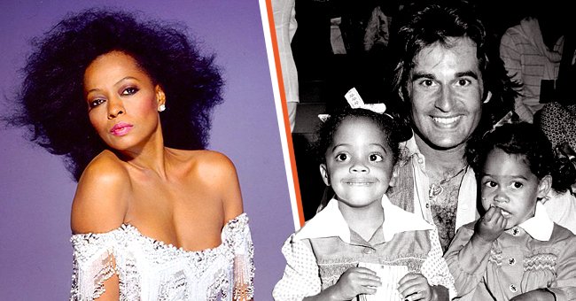 Pictured: (From left) Singer Diana Ross poses for a portrait in 1987 in Los Angeles, California. (From right) Robert Ellis Silberstein attends a movie with daughters (L)Rhonda Suzanne Silberstein (Rhonda Ross) and Tracee Joy Silberstein (Tracee Ellis Ross) in 1975 in Los Angeles, California | Photo: Getty Images