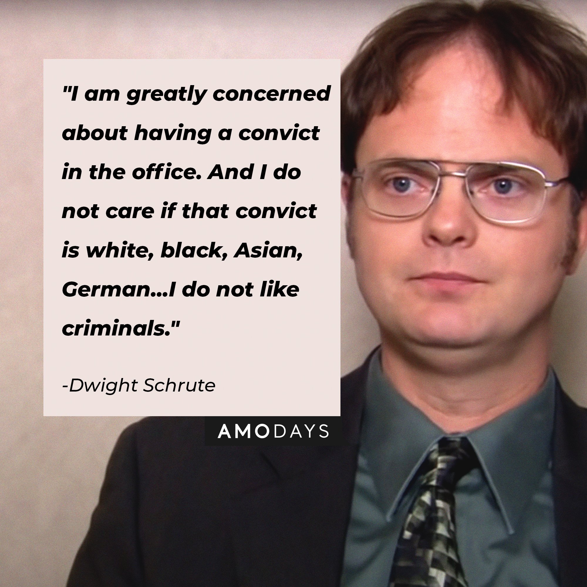 Dwight Schrute’s quote: "I am greatly concerned about having a convict in the office. And I do not care if that convict is white, black, Asian, German… I do not like criminals."  | Image: AmoDays