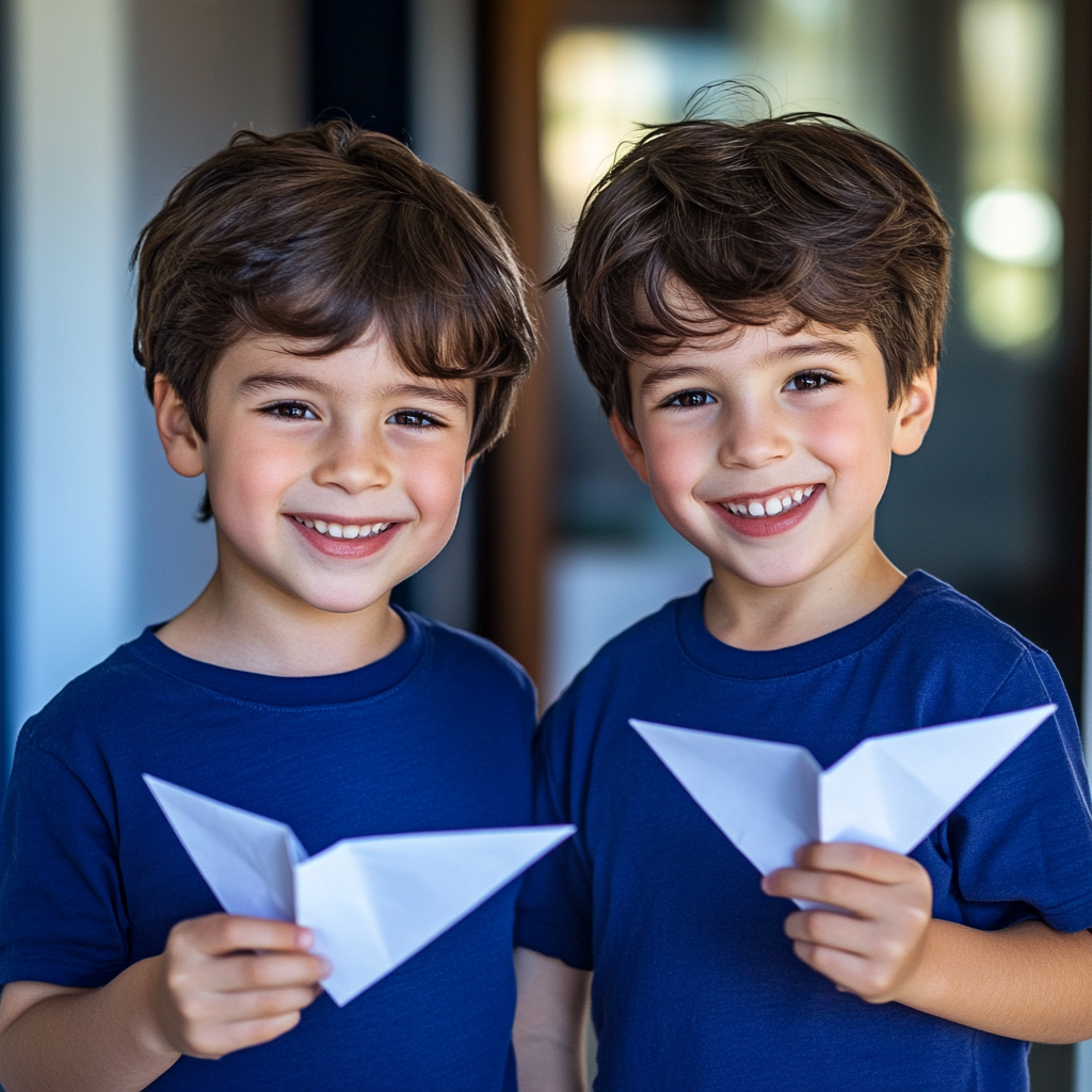 Two young boys holding paper planes and smiling | Source: Midjourney