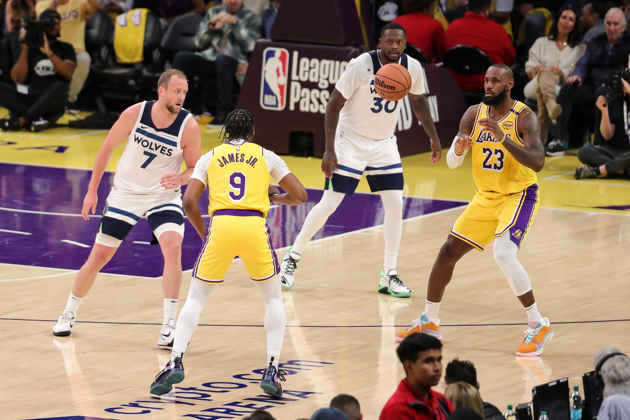 LeBron and Bronny James during the Minnesota Timberwolves vs Los Angeles Lakers game on October 22, 2024, at Crypto.com Arena in Los Angeles, California | Source: Getty Images