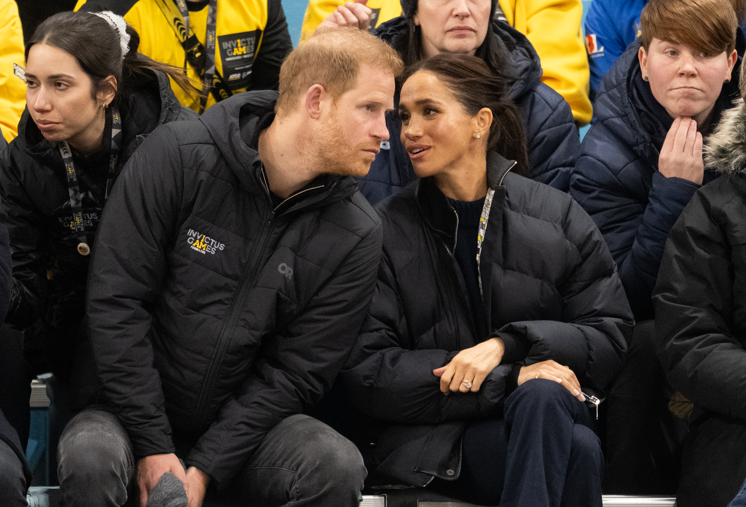 Prince Harry and Meghan Markle speaking at the Wheelchair Curling event during the 2025 Invictus Games in Vancouver, British Columbia on February 9, 2025. | Source: Getty Images