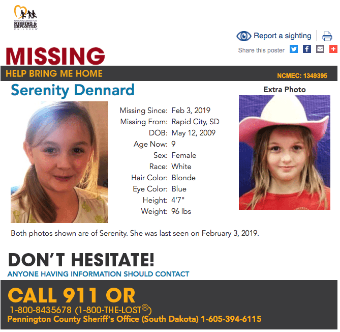 Missing child poster of Serenity Dennard | missingkids.com