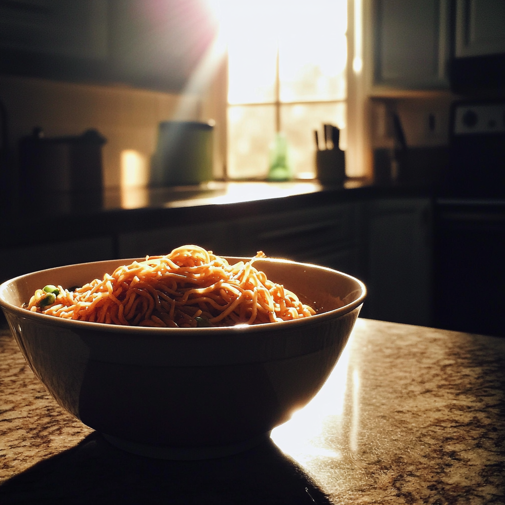 A bowl of noodles on a counter | Source: Midjourney