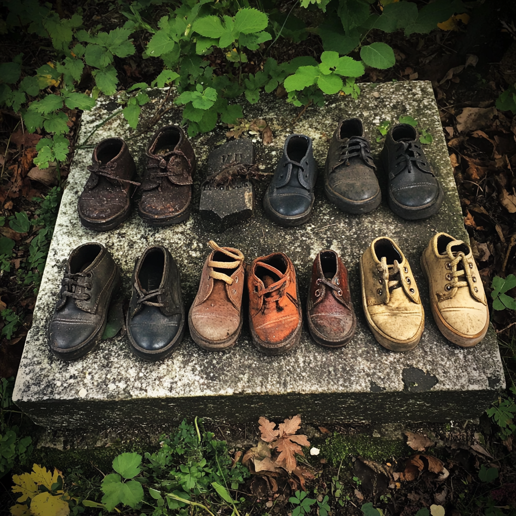 Shoes placed on a headstone in a cemetery | Source: Midjourney