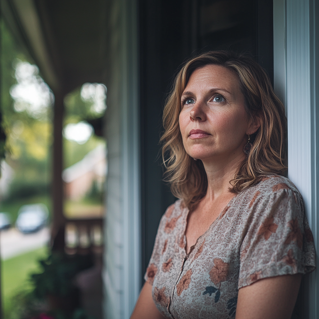 A thoughtful woman standing on her front porch | Source: Midjourney