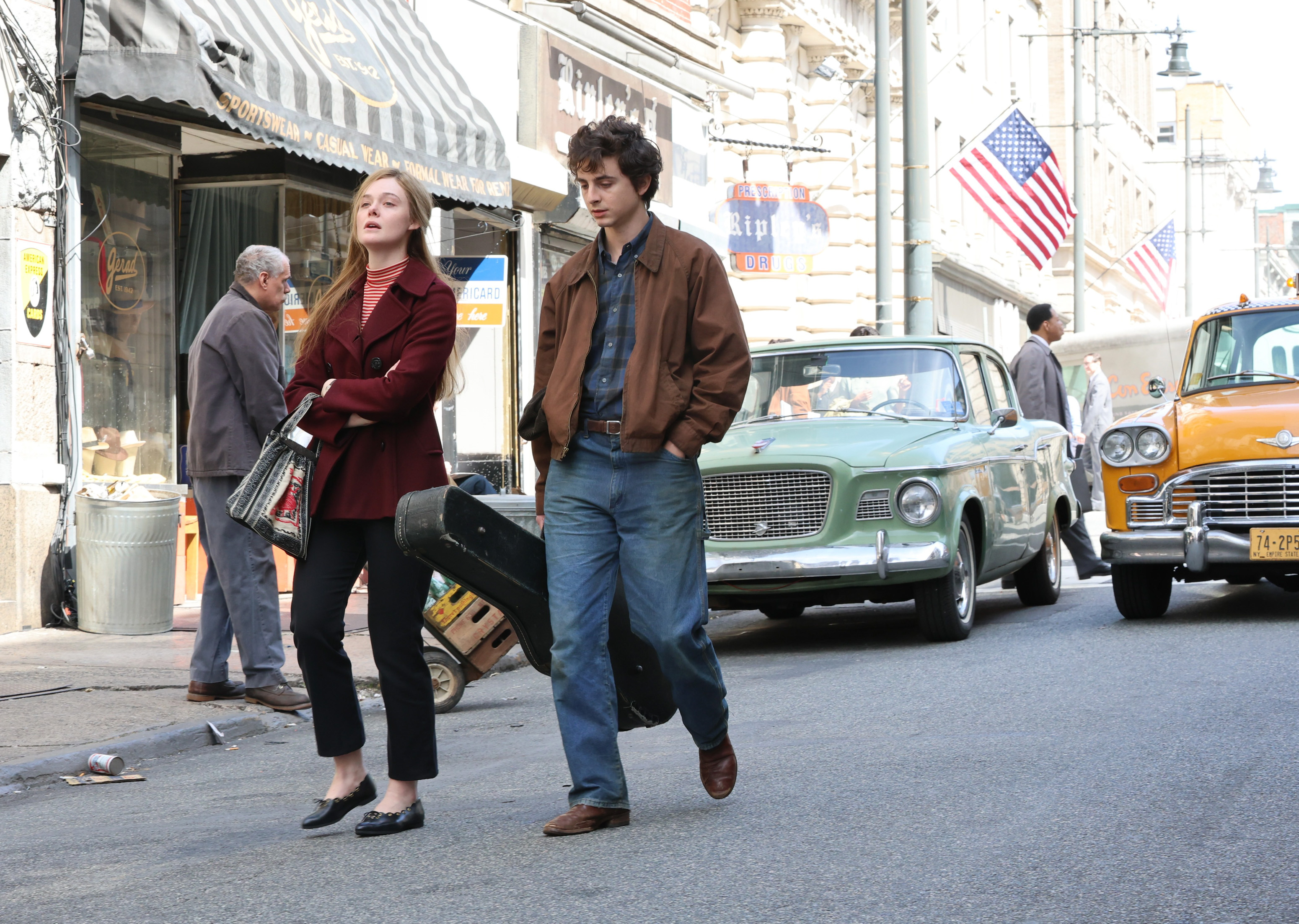 Elle Fanning and Timothée Chalamet film A Complete Unknown in Paterson, New Jersey, on April 9, 2024 | Source: Getty Images