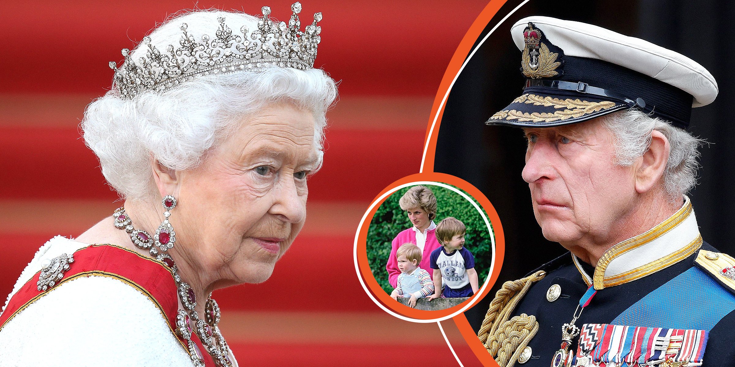 La reina Elizabeth II | La princesa Diana, príncipe Harry y príncipe William | Rey Charles III | Foto: Getty Images