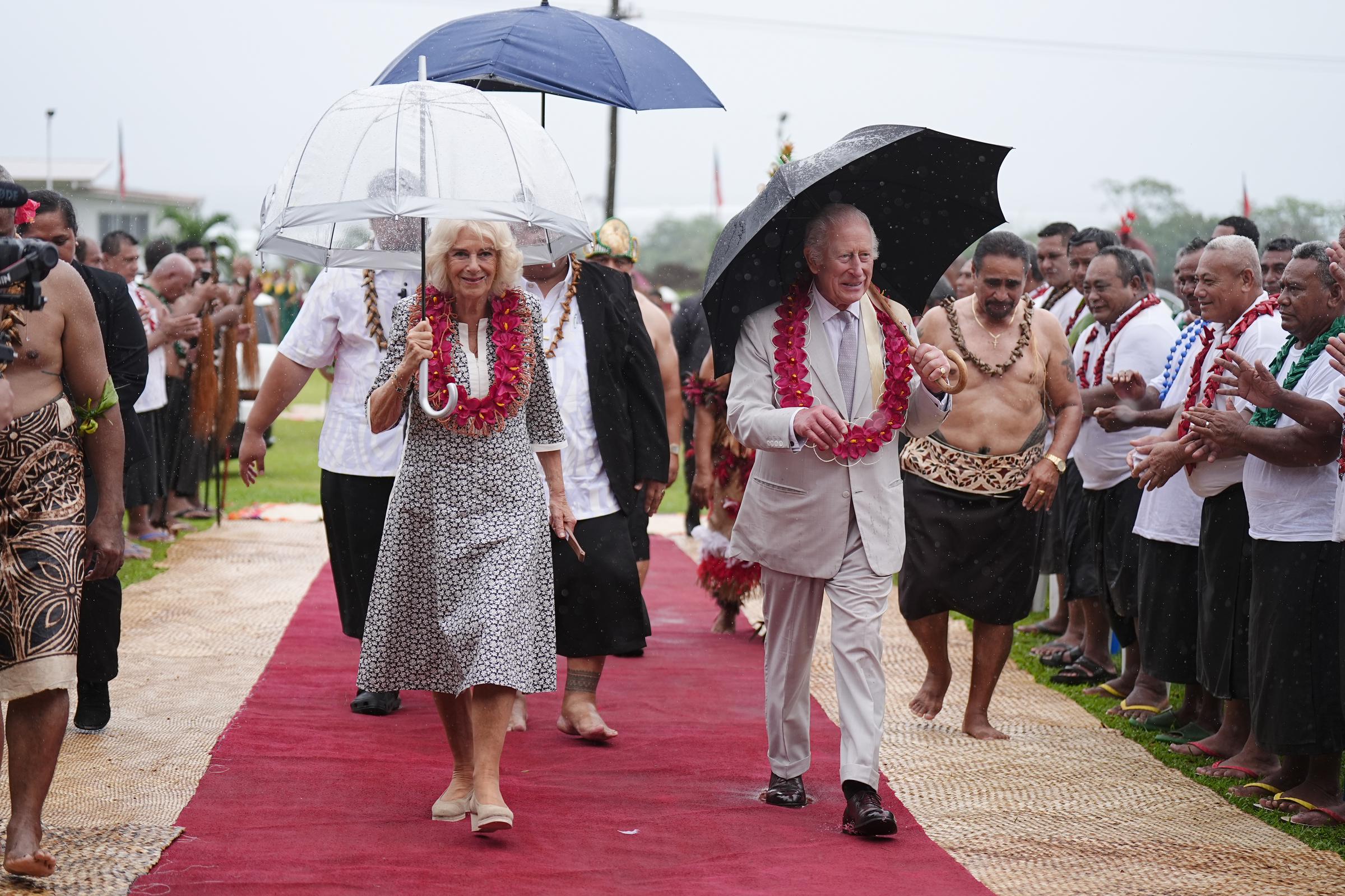 Queen Camilla and King Charles III arriving for the farewell ceremony. | Source: Getty Images